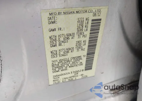 2012 Nissan Titan Sl from USA, damaged, VIN 1N6AA0ED2CN330028